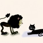 عکس یک شیر در حال بازی کردن با گربه ی سیاه را رسم کن
