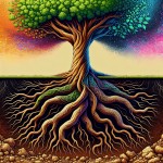 "A powerful tree with thick, intricate roots spreading deep into the soil, shown from a two-dimensional side view. The roots twist and intertwine below the ground, symbolizing strength and connection. Above the ground, the trunk of the tree is strong, with branches reaching toward the sky, filled with vibrant leaves. The contrast between the dark, rich soil and the bright, hopeful sky above adds a sense of balance. The overall atmosphere should feel symbolic, representing growth, resilience, and