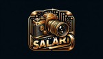 یک لوگو با اسم studio salar که تم رنگی مشکی طلایی باشه و عکس یک دوربین عکاسی داخلش باشه