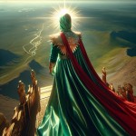 "From a high, top-down perspective, a figure in glowing green robes is seen from behind, holding a red flag in their left hand. The figure stands tall, looking out over the horizon, with their glowing face obscured by light. The distant and elevated view emphasizes the vastness of the scene and the figure’s majestic presence, set against a serene, open landscape."