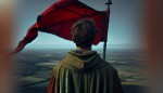 "From a high, slightly leftward angle, a figure in natural green robes is seen from behind and slightly in profile, holding a red flag in their left hand. Their face is not visible, and the scene feels realistic with natural lighting. The figure stands tall, looking towards the distant horizon, creating a dynamic composition with a vast landscape in the background."