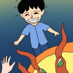 یک پسر که با اهریمن ها محاصره شده و یک روح راهنما در بالا سر پسر  دست خود را برای کمک به پسر برای رهایی از اهریمن ها دراز کرده