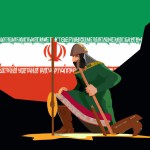 تصویری از یک جنگجوی ایرانی متمدن که لشکری را شکست داده و با پرچم ایران زانو زده است