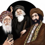 سلفی سه شاعر ایرانی قرن ۷ و ۸ یعنی سعدی و 
 حافظ و مولانا با لبخند و لباس‌های قدیمی زمان خودشان