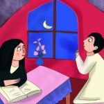 شهرزاد در حال قصه گویی برای دنیازاد در اتاق شهریار