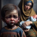 یک تصویر بسیار هایپر رئال با جزییات دقیق از یک کودک ۶ ساله که در هیبت زنی بزرگسال دیده میشود که نوزادی را در آغوش گرفته در حالی که خودش دارد اشک میریزد و عروسکش را قایم کرده است پشت سرش