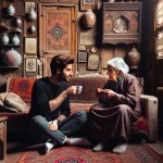 مرد سی ساله ایرانی و مادر بزرگش در خانه قدیمی نشسته اند