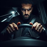 مرد سی ساله عصبانی ایرانی در شب تاریک در حال رانندگی  است
