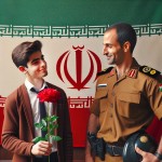 دانش آموز پسر ایرانی در حال دادن گل قرمز به پلیس مرد ایرانی در کنار پرچم ایران