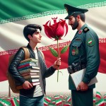 دانش آموز پسر ایرانی در حال دادن گل قرمز به پلیس مرد ایرانی در کنار پرچم ایران