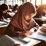 دختر با حجاب ایرانی در حال درس خواندن در مدرسه