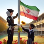 پلیس ایرانی با پرچم ایران در حال گل دادن به دانش آموز در مدرسه