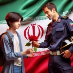 دانش آموز پسر ایرانی در حال دادن گل قرمز به پلیس مرد ایرانی در کنار پرچم ایران