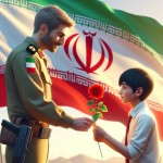 دانش آموز پسر ایرانی در حال دادن گل قرمز به پلیس مرد ایرانی در کنار پرچم ایران