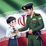 دانش آموز پسر ایرانی در حال دادن گل قرمز به پلیس مرد جوان ایرانی با لباس سبز پلیسی و آستین بلند در کنار پرچم ایران