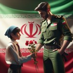 دانش آموز پسر ایرانی در حال دادن گل قرمز به پلیس مرد جوان ایرانی با لباس سبز پلیسی و آستین بلند در کنار پرچم ایران