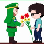 پلیس جوان ایرانی در لباس سبز پلیس ایران در حال گل دادن به دانش آموز پسر ایرانی در کنار پرچم ایران