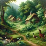 Oil painting of a number of cottages in the forest and a forest path where a deer and two geese is passing.