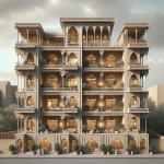 طراحی نمای ساختمان ۵طبقه به ارتفاع ۱۷  متر و عرض ۱۲ متر دارای تراس در هر طبقه و پنجره های زیاد با بهره گیری از معماری سنتی ایرانی و المان‌های دوره هخامنشی