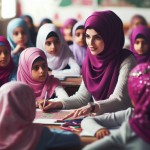 خانم معلم جوان با حجاب در کلاس مدرسه دختران که بعضی حجاب دارند با روسری های صورتی و بنفش