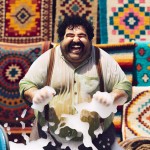 یک مرد چاق سبیل دار بامزه که فرش میشورد