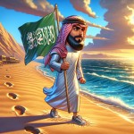 یه شهروند عرب در سواحل خلیج فارس که یک پرچم در دست دارد و روی آن پرچم نوشته شده خلیج عربی