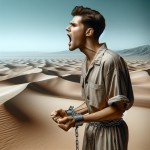 یک پسر جوان سفید پوست 20 ساله با لباس زندانی و دست و پاهای بسته شده با زنجیر وسط کویر در حال فریاد زدن است