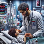یک پرستار مرد ایرانی در حال مراقبت از یک کودک در بیمارستان