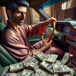 یک تصویر بساز از درون و جلوی یک ماشین که یک مرد ایرانی در حال رانندگی است و مقدار زیادی پول نقد در روی صندلی ماشین او ریخته است