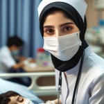 یک پرستار زن ایرانی با لباس سفید و مقنعه مشکی در حال مراقبت از یک کودک در بیمارستان