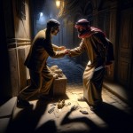 در یک خیابان خلوت و تاریک یک دزد مرد در حال دزدی از یک مرد با چاقو است