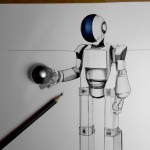 یک ربات با کره و مخروط و استوانه در برگه a3 با مداد طراحی کن و سایه بزن
