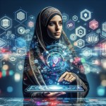 عکسی می خواهم واقعیت افزوده را نشان می دهد یک موبایل می گیری روی میز یک دفتر مجازی برایمان درست کند . این هم یک خانم با حجاب باشد که موبایل در دست دارد