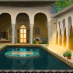 نما از داخل حیاط خانه ای به سبک معماری خانه های قدیمی شیراز که در حیاط حوض  و باغچه ای وجودر دارد نقاشی دیجیتال کیفیت ۷۲۰ نور پردازی صبح