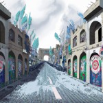 تصویر انیمیشنی از کوچه های بنی هاشم در زمان امام علی و تابوت چند شهید گمنام ایرانی در وسط کوچه و کوچه از پارچه های عزاداری در شده