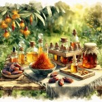 تصویر از زعفران و بطری عرقیات گیاهی در کنار ظرف عسل و فراورده‌های خرمایی بر روی میز در فضای سرسبز، استایل آبرنگ