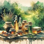 تصویر از عرقیات گیاهی در کنار عسل و فراورده‌های خرمایی بر روی میز در فضای سر سبز، استایل آبرنگ