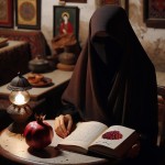 یک خانم محجبه در یک کافه در شب یلدا با انار و کتاب حافظ