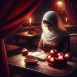 یک خانم محجبه در یک کافه در شب یلدا با انار و کتاب حافظ ...