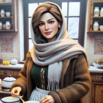 تصویر زن ۳۸ ساله مادر خانواده زیبا کمی تپل و سفید با لباس های زمستانه مثل ژاکت و دامن و شالی که یه کتی انداخته در سال ۱۳۸۸ شمسی در تهران در حال اماده کردن صبحانه برای خانواده است.