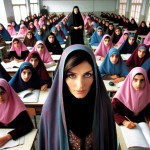 خانم معلم جوان ایرانی  با حجاب مقنعه سال ۱۳۸۶ در تهران در کلاس درس دختران دبیرستانی  که همه حجاب دارند با مقنعه های صورتی و آبی