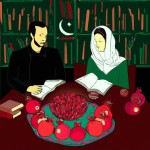یک خانم محجبه با دوست پسرش در یک کافه در شب یلدا با انار و شیرینی و آجیل و هندوانه و خرمالو و سیب و کتاب حافظ ...