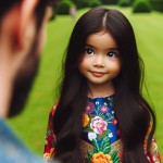 یک دختر بچه با موهای بلند و مشکی، که به پدرش نگاه می‌کند. او در یک پارک زیبا ایستاده است، با چشمان بزرگ و درخشان که احساسات محبت و شگفتی را نشان می‌دهند. لباس او رنگارنگ و شاداب است، با طرح‌های گلدار و کفش‌های سفید.