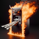 یک دستگاه ATM شیطانی که در حال آتش گرفتن است و پول زیادی از کنار آن به آتش می ریزد