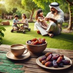 یک لیوان قهوه در کنارش ظرفی از خرما بر روی یک میز چوبی در طبیعت که در طرفی خانواده‌ای در حال بازی هستند