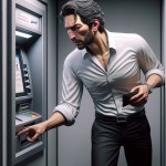 یک مرد ایرانی با پیراهن سفید و شلوار مشکی در حال کار با دستگاه ATM است که متوجه می شود از کارت او دزدی شده است
