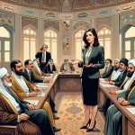 یک خانم ایرانی در‌جلسه با معاونین در تهران