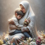یک تصویر بساز از یک مادر 50 ساله ایرانی با چادر سفید که در یک مکان نورانی نشسته است و کودک پسرش را در آغول گرفته است و زیر پاهایش پر از گل های رنگی است
