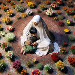یک تصویر بساز از یک مادر 50 ساله ایرانی با چادر سفید که در یک مکان نورانی نشسته است و کودک پسرش را در آغول گرفته است و زیر پاهایش پر از گل های رنگی است