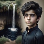 عکس کودکانه رستم که کنار چشمه آب سیاه رنگ ایستاده